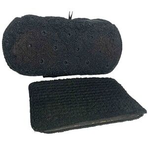Vintage Set‎ of 2 Large Clutch Black Woven Handbags w/Celluloid Pull Unbranded